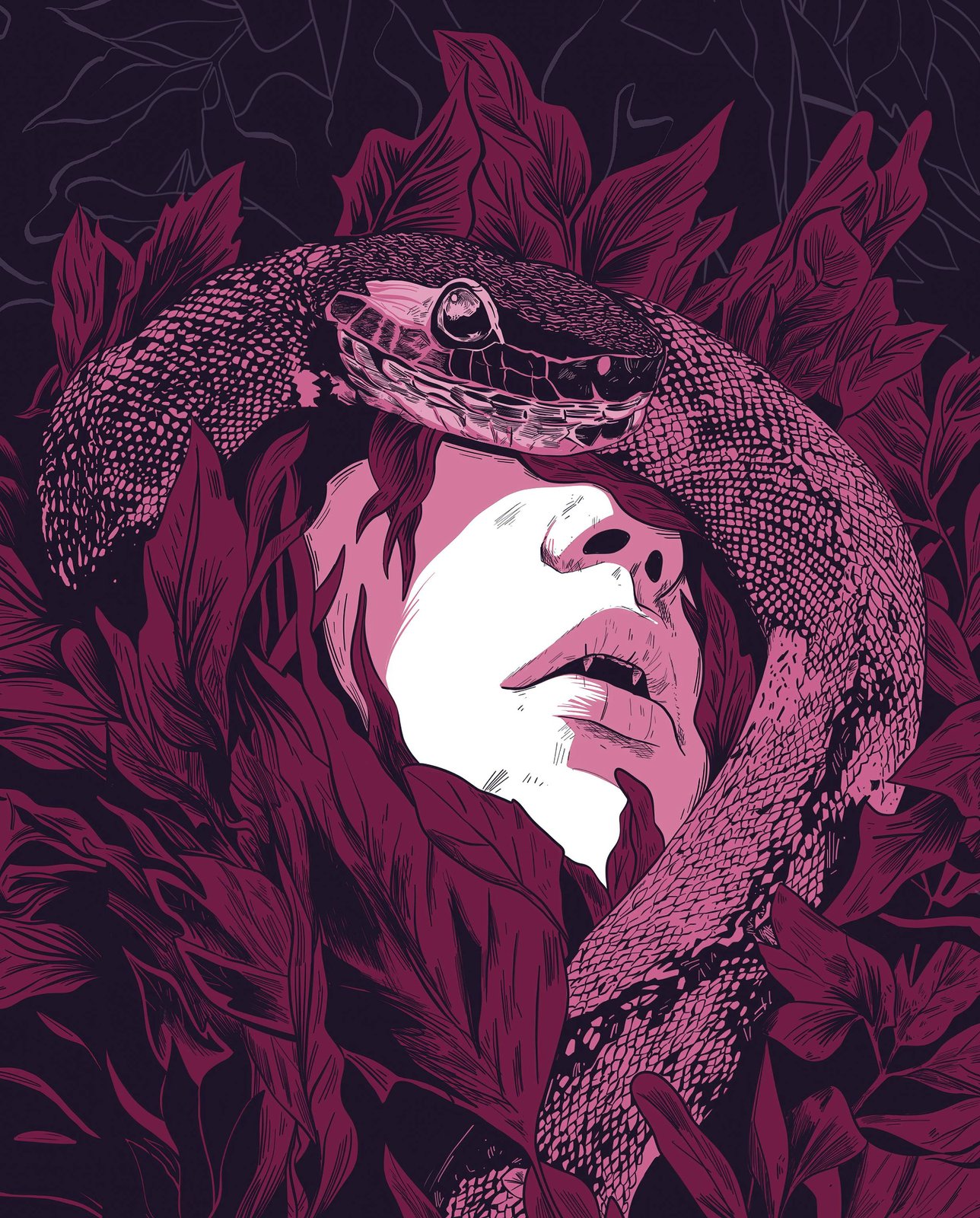 Beyond Grace — woman's face wrapped by a serpent among deep red foliage. Illustration by Luis Aguirre