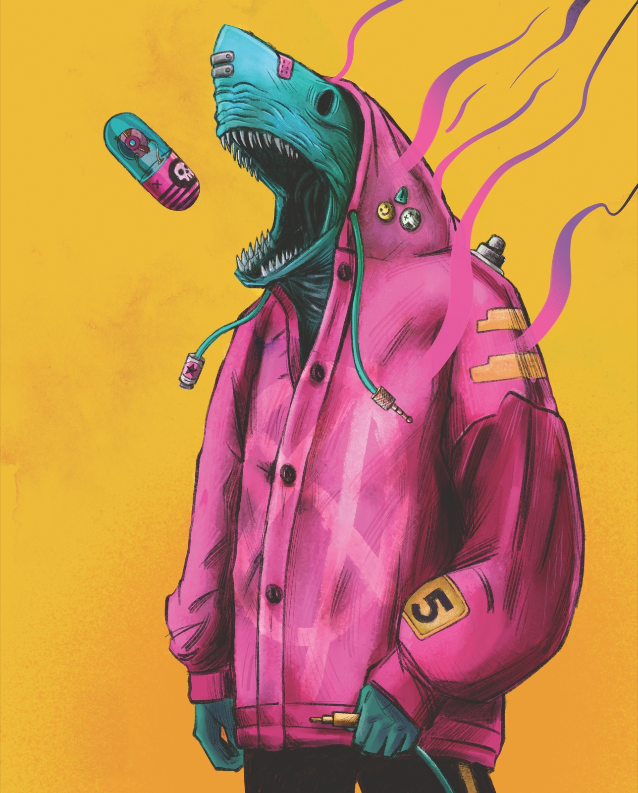 Shark-headed figure in a magenta hoodie on a yellow background