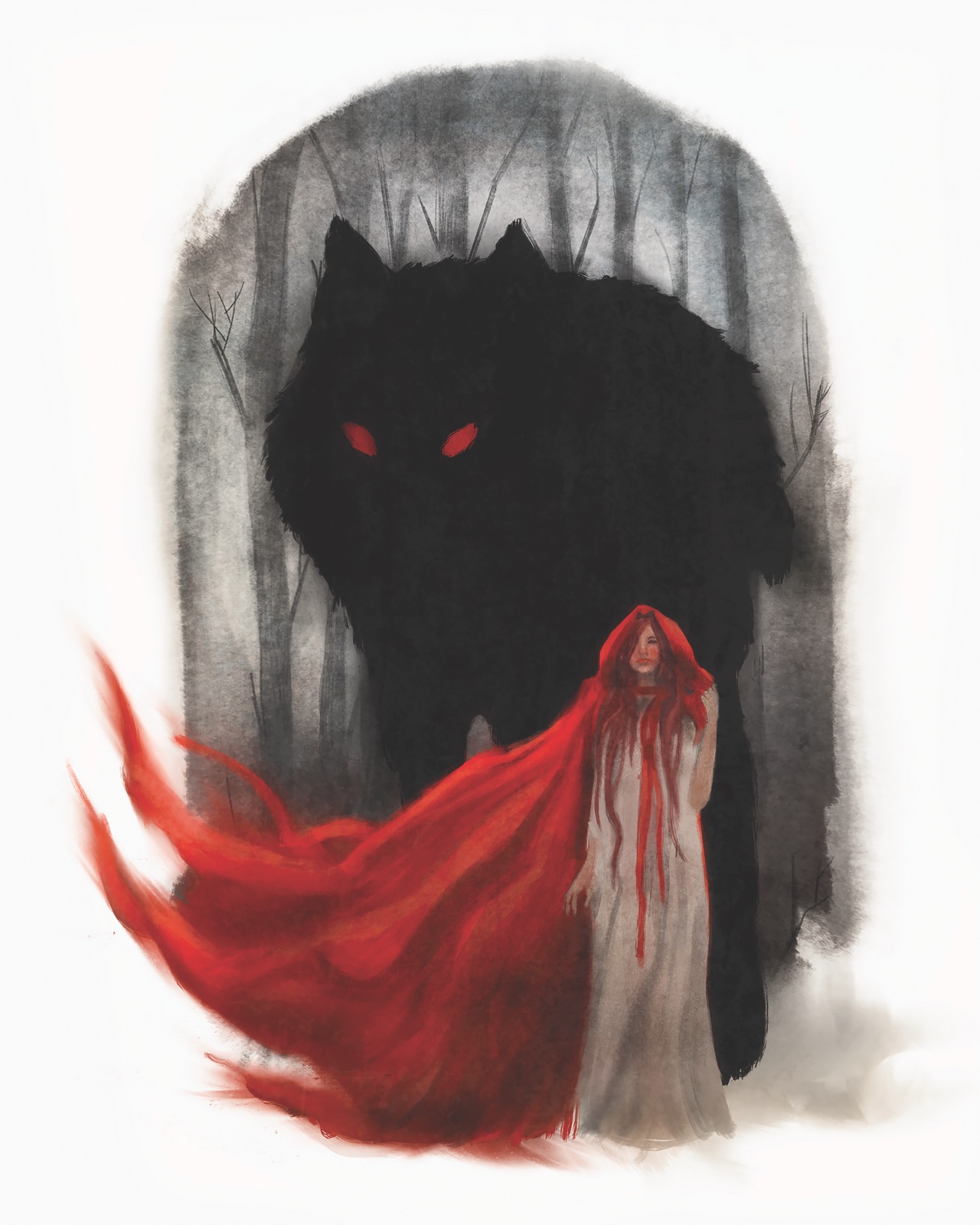 Red-cloaked figure before a giant shadow wolf with red eyes in a misty forest