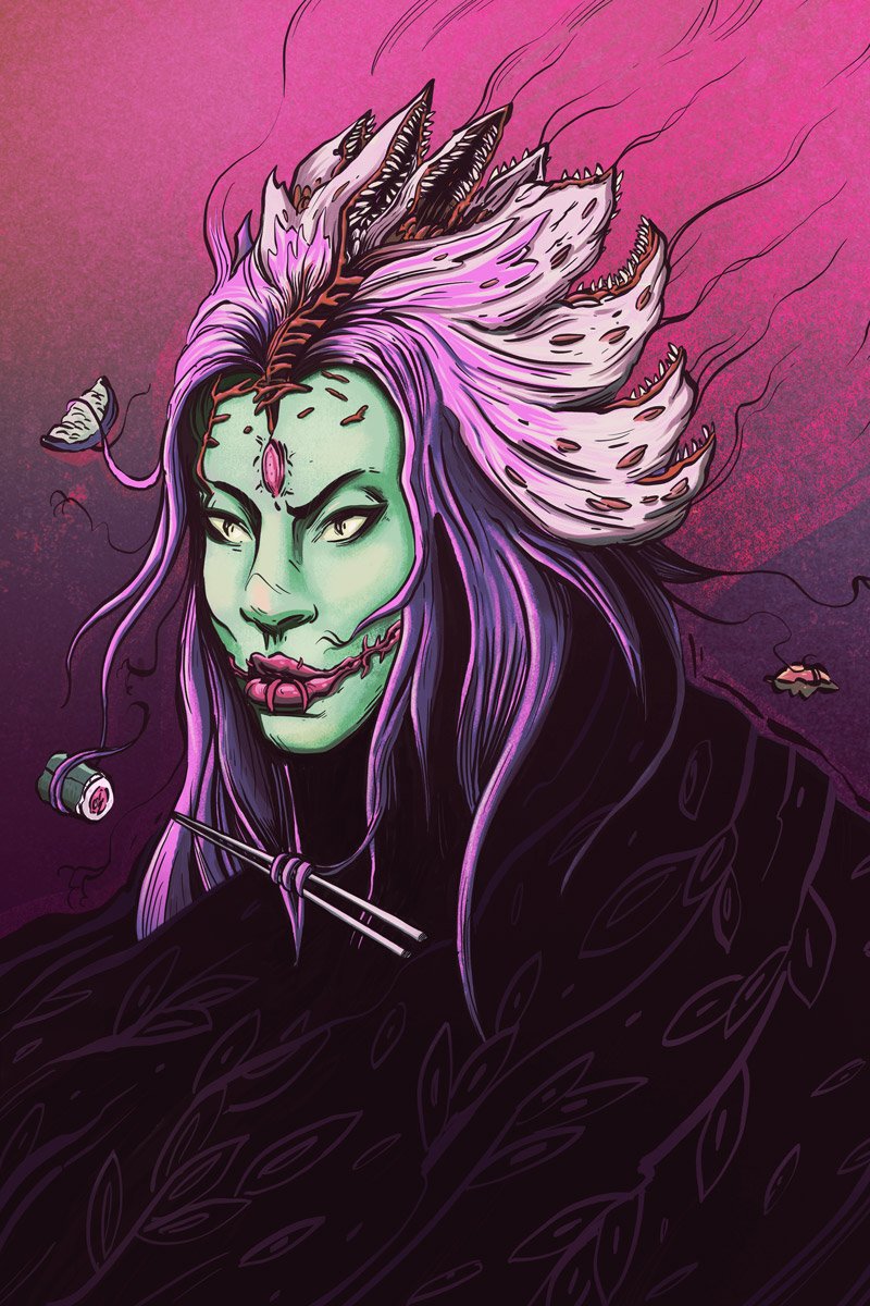 Green-skinned woman with a stitched mouth and a crown of jagged teeth on a pink background