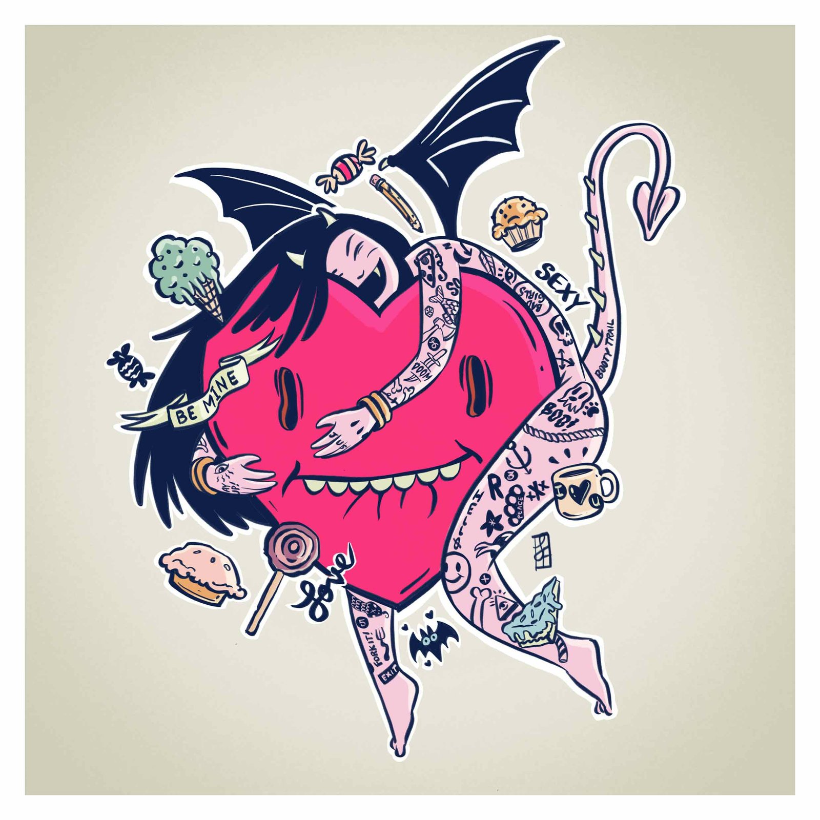 Tattooed heart character with bat wings and a devil tail