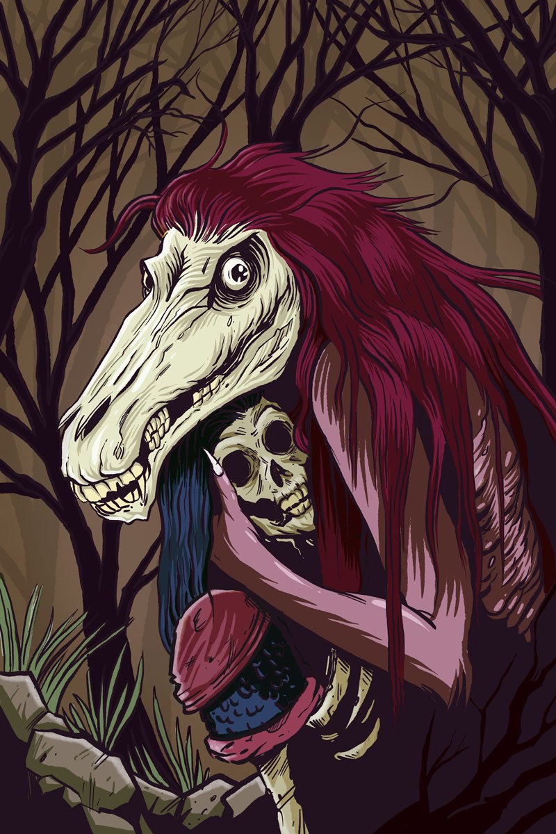 Horse-skulled figure with long red hair clutching a skeleton in a dark forest