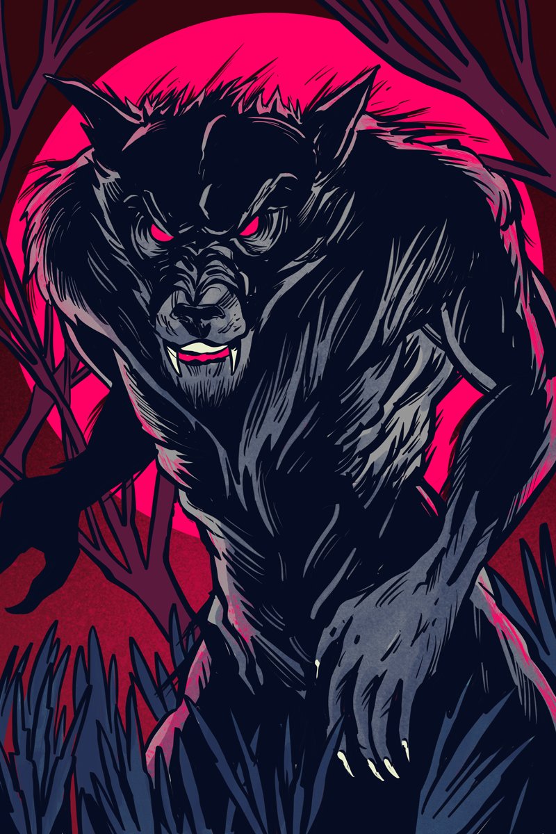 Snarling werewolf with red eyes before a blood-red moon