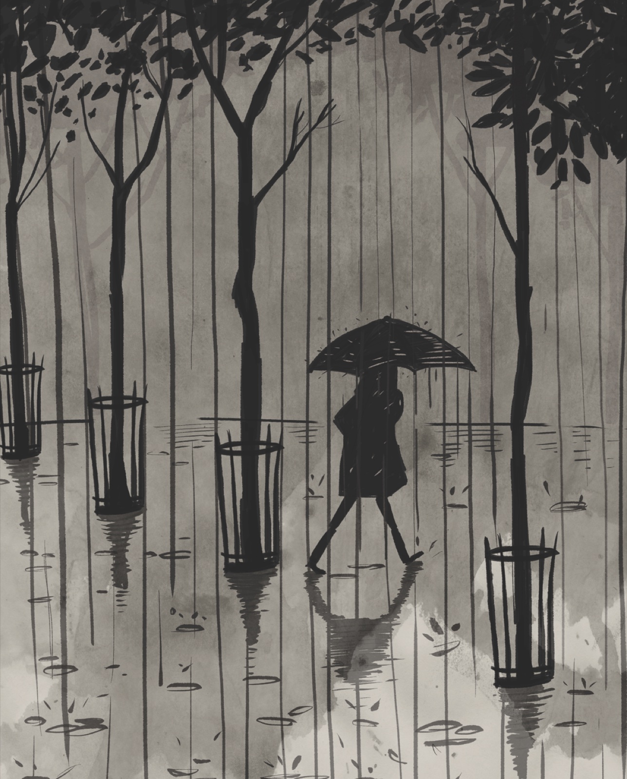 Figure with an umbrella walking through a rainy park of bare trees