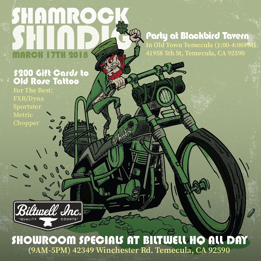 Event flyer with a leprechaun riding a green chopper motorcycle