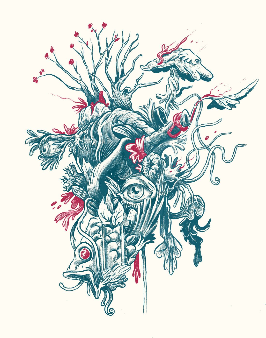 Teal and red ink drawing of a creature tangled in branches