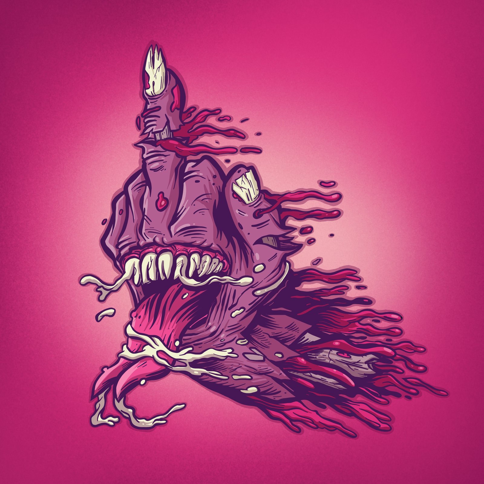 Purple monster with jagged teeth on a magenta background