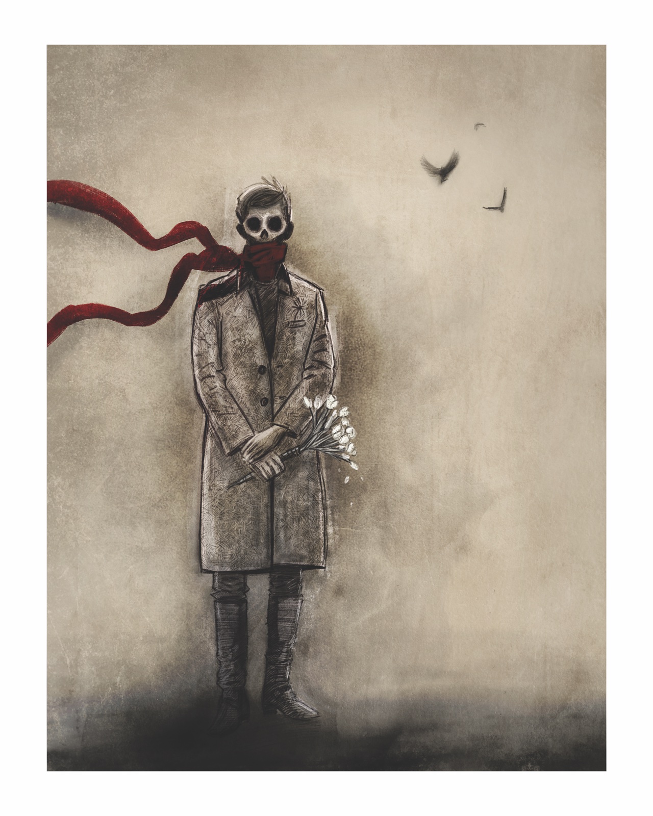Gaunt masked figure in a long coat with a trailing red scarf