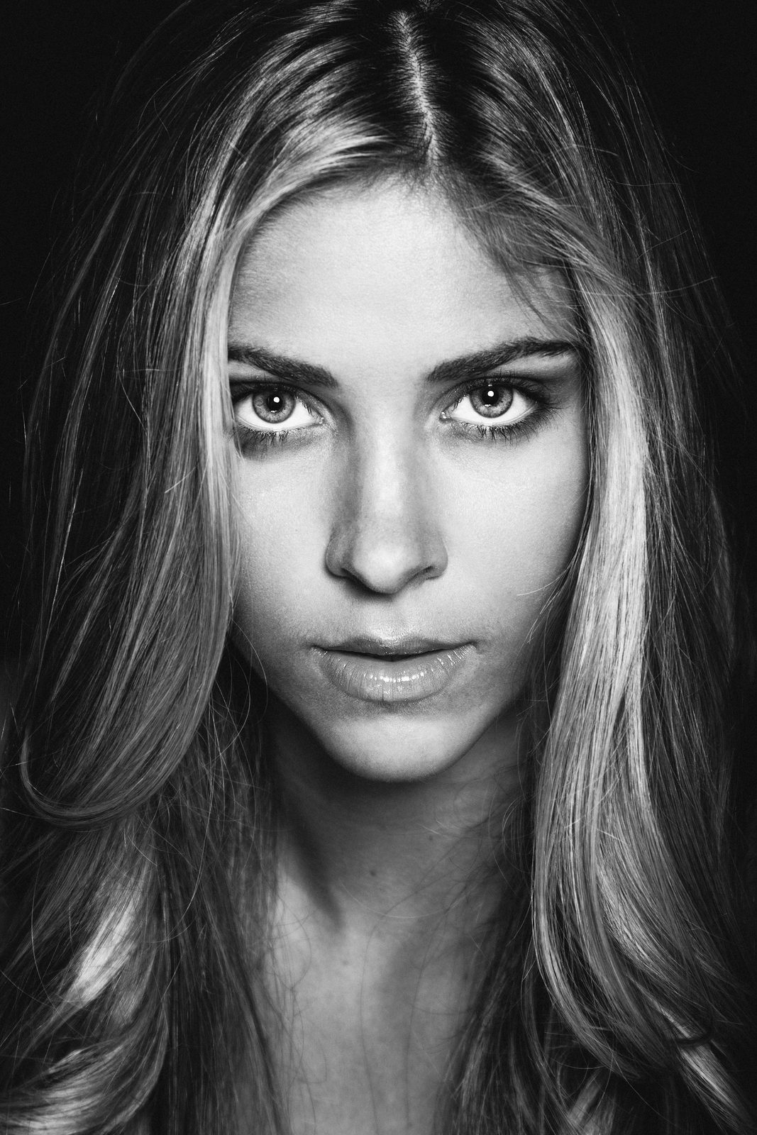 Black-and-white close-up portrait